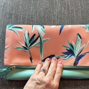 Rachel Pally Coral and Teal Leaf Print Clutch